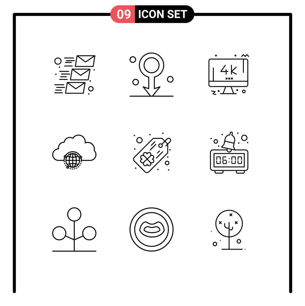 Mobile Interface Outline Set of 9 Pictograms of tag hub monitor globe network Editable Vector Design Elements
