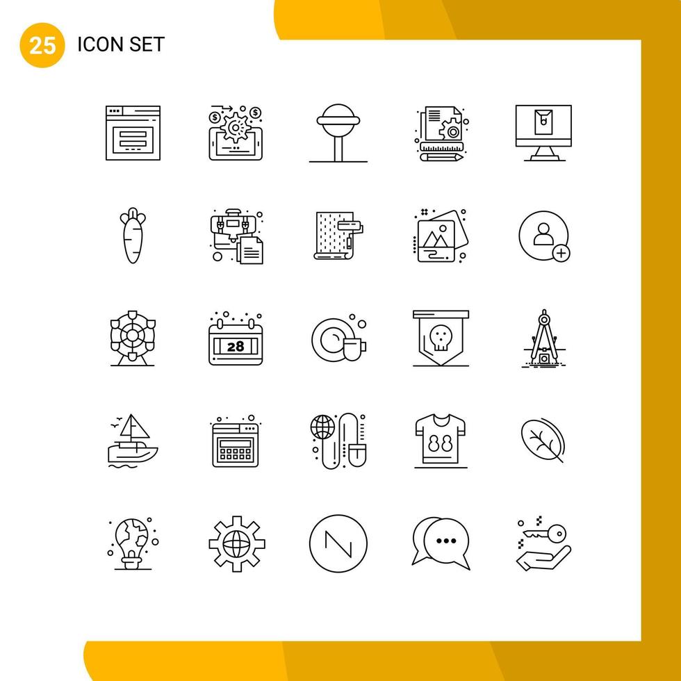 Stock Vector Icon Pack of 25 Line Signs and Symbols for carrot envelope candy email management Editable Vector Design Elements