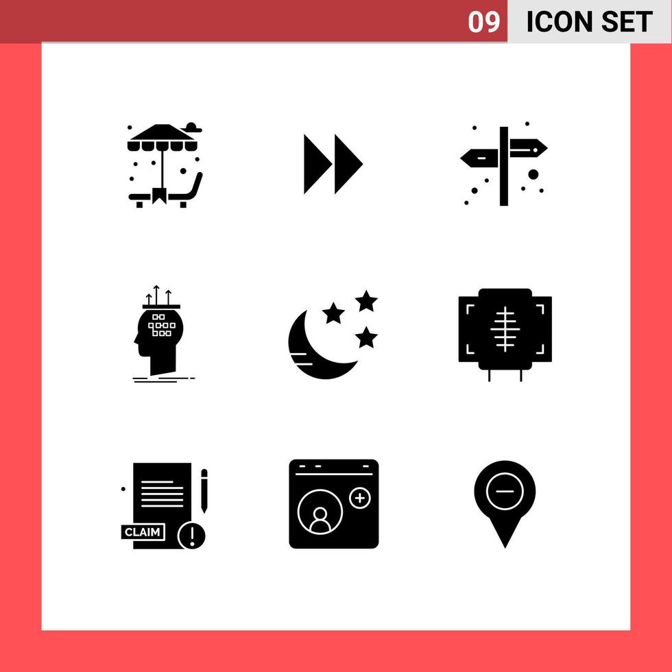 9 Universal Solid Glyphs Set for Web and Mobile Applications night crescent navigation thinking conclusion Editable Vector Design Elements