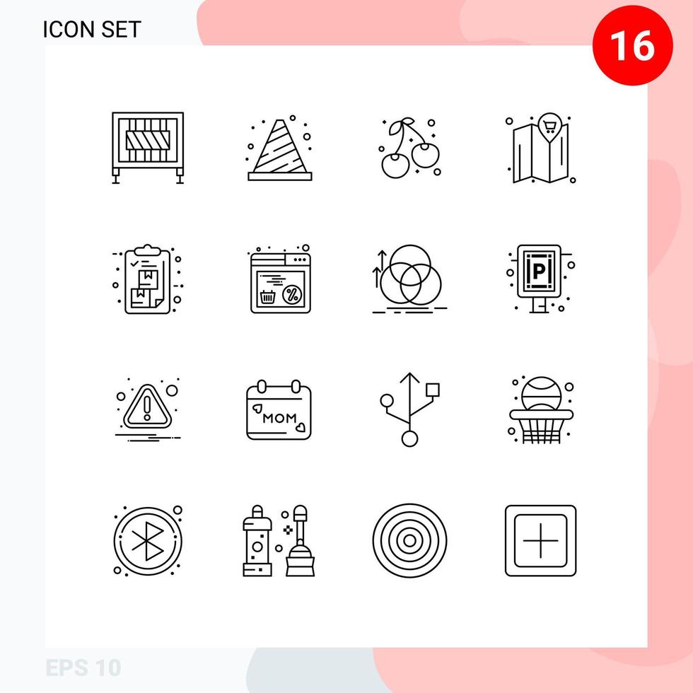 Mobile Interface Outline Set of 16 Pictograms of clipboard cart sign location farming Editable Vector Design Elements