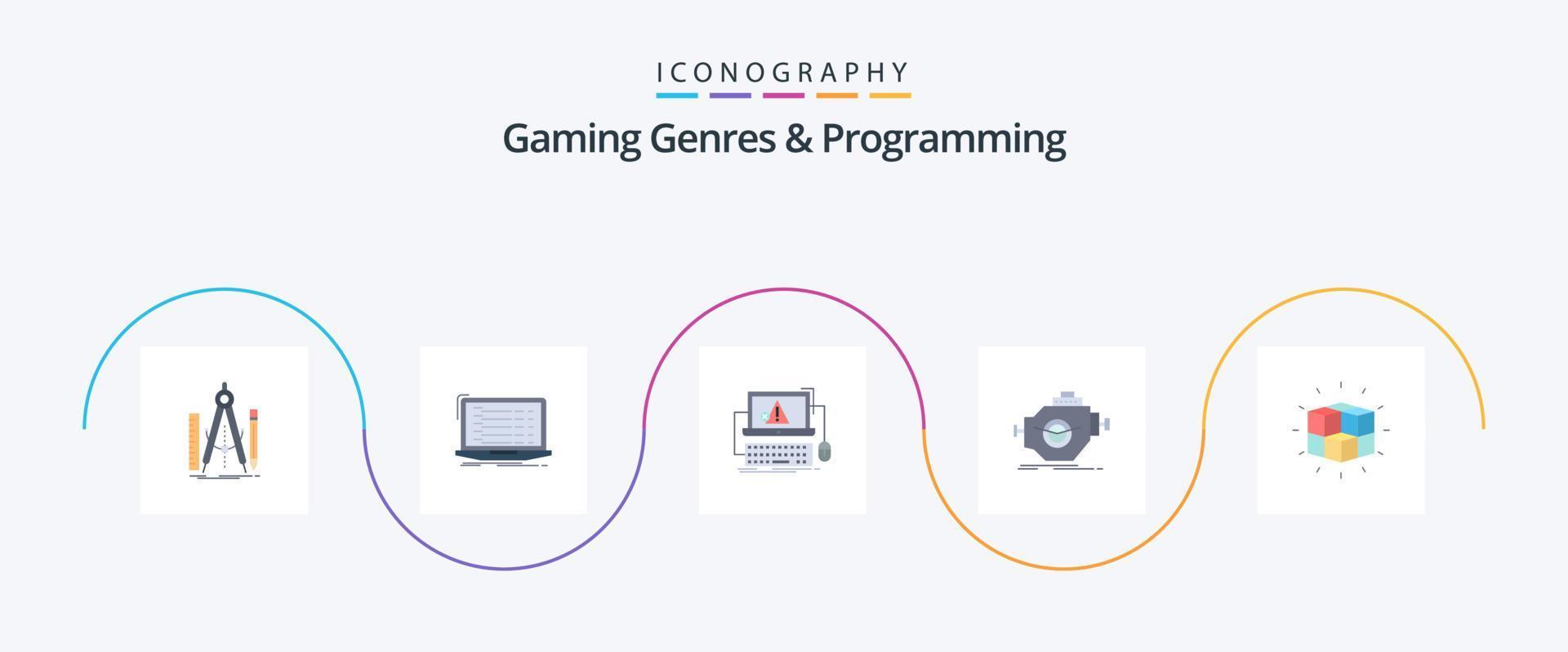 Gaming Genres And Programming Flat 5 Icon Pack Including machine. engine. developer. system. error vector