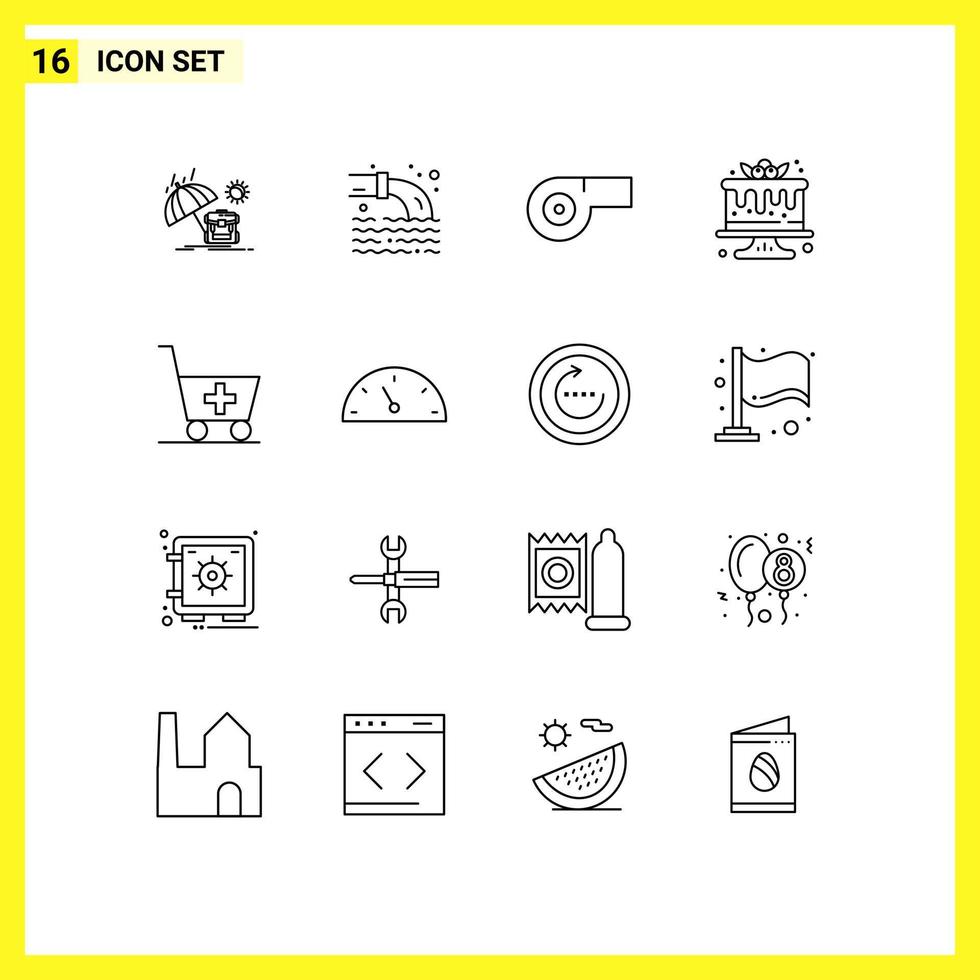 Modern Set of 16 Outlines Pictograph of gauge medical sport trolley food Editable Vector Design Elements