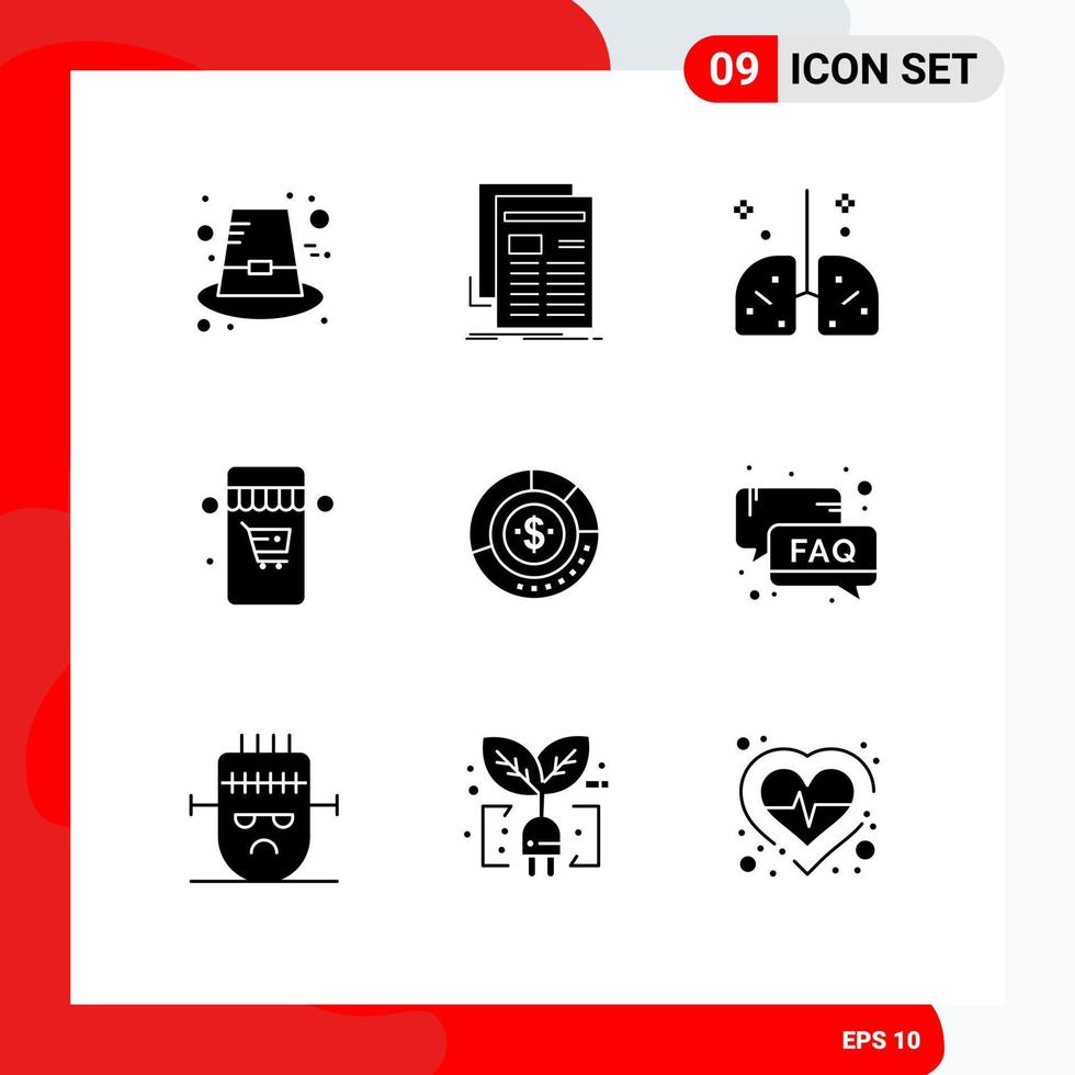 9 conjunto de glifos sólidos universales para diagrama de aplicaciones web y móviles periódico de compras elementos de diseño de vectores editables médicos en línea