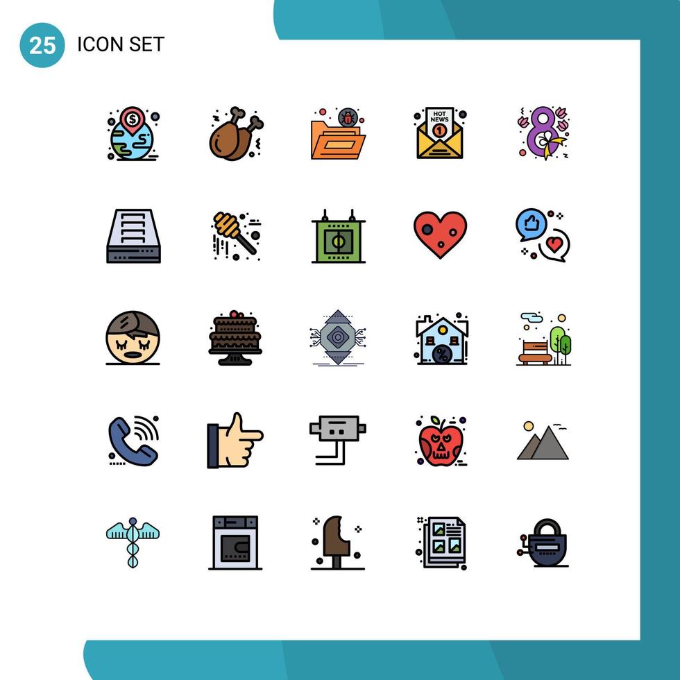 25 Filled line Flat Color concept for Websites Mobile and Apps report media bug hot virus Editable Vector Design Elements