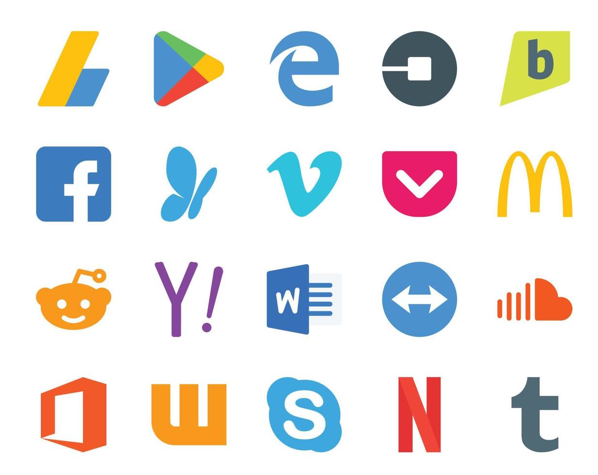 20 Social Media Icon Pack Including search reddit brightkite mcdonalds video vector