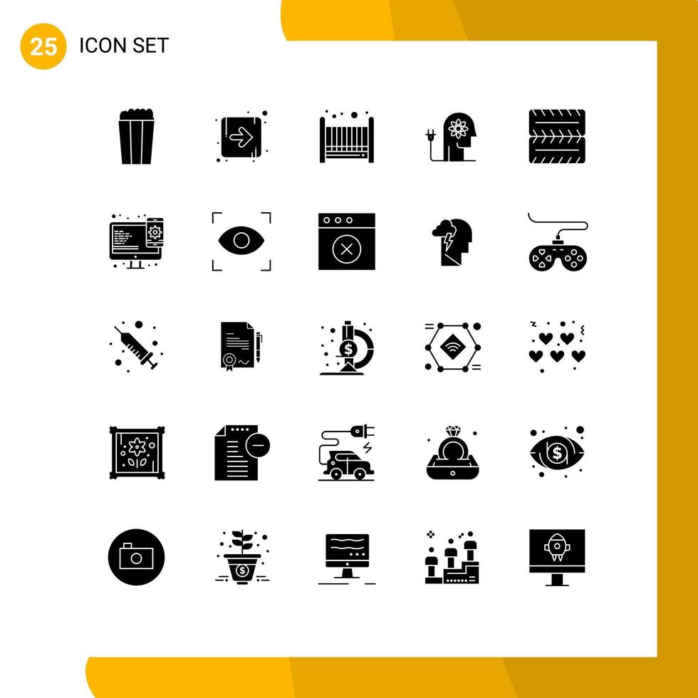 Pack of 25 creative Solid Glyphs of responsive vehicles cradle wheel knowledge Editable Vector Design Elements