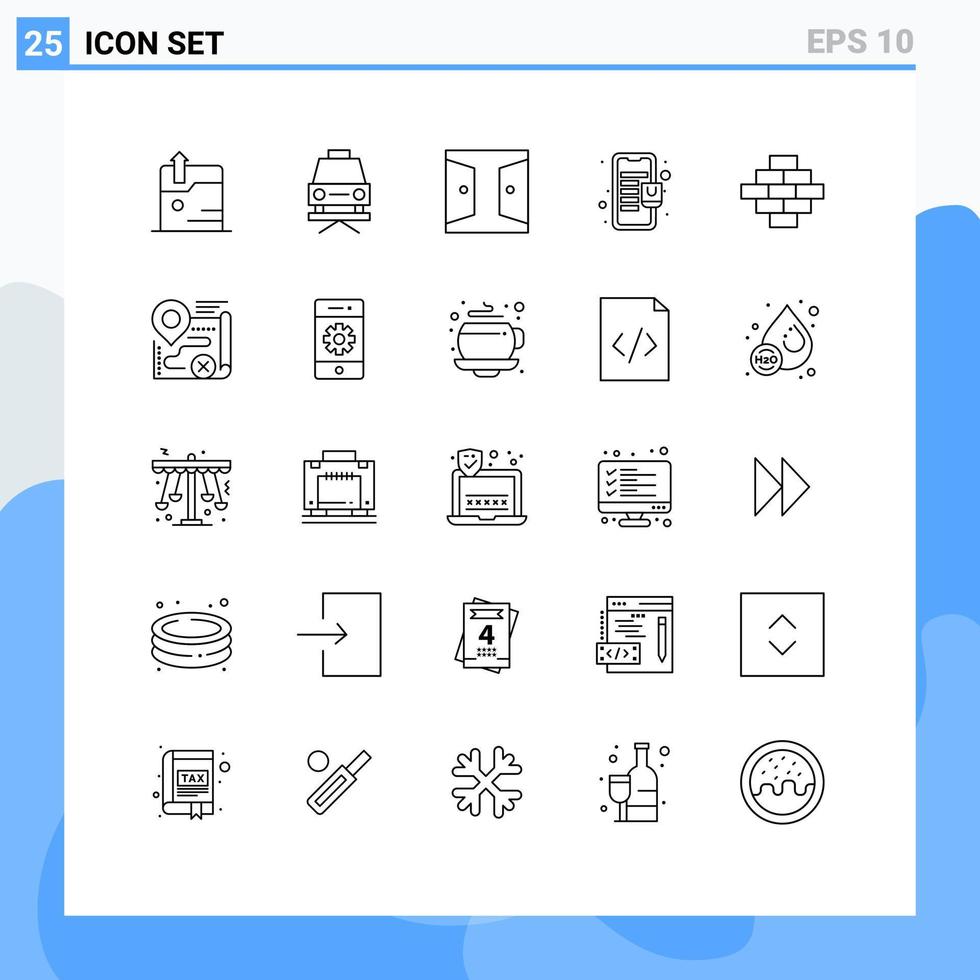 paquete de 25 líneas modernas, signos y símbolos para medios de impresión web, como ladrillos de construcción, puerta, tienda en línea, centro comercial, elementos de diseño de vectores editables