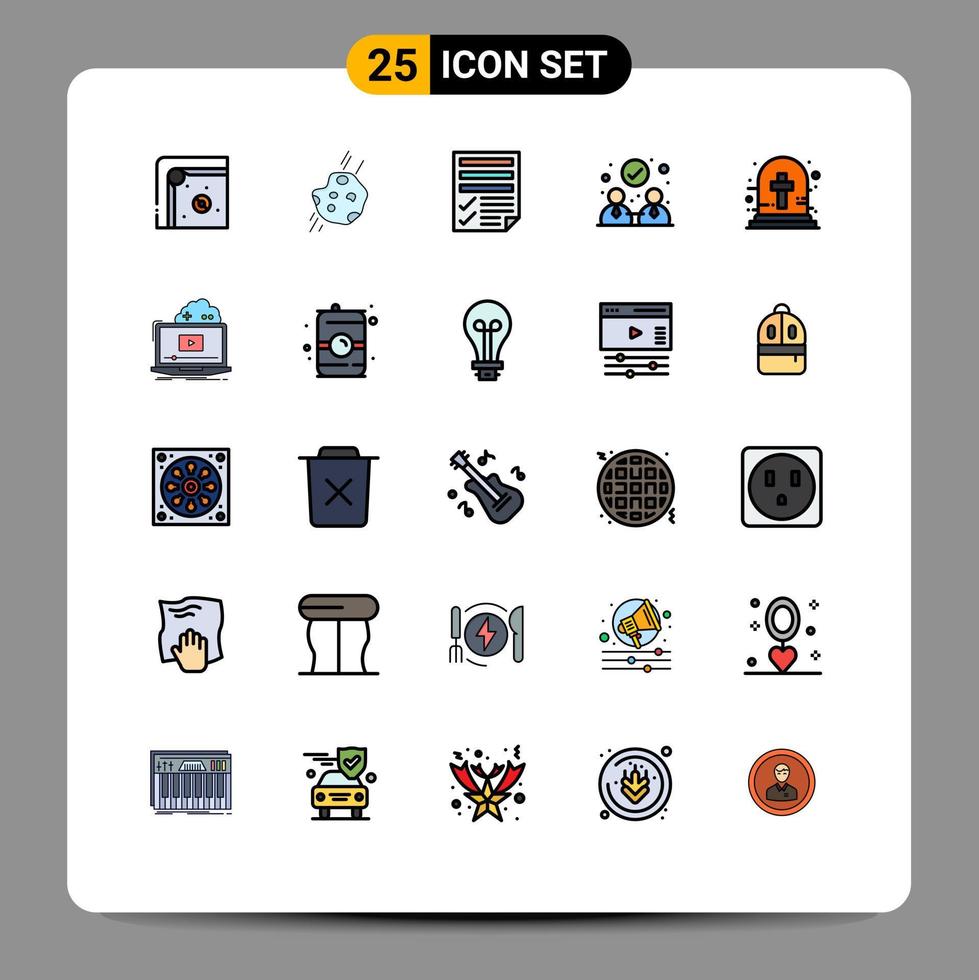 Pictogram Set of 25 Simple Filled line Flat Colors of graveyard cross collaboration comet agreement paper Editable Vector Design Elements