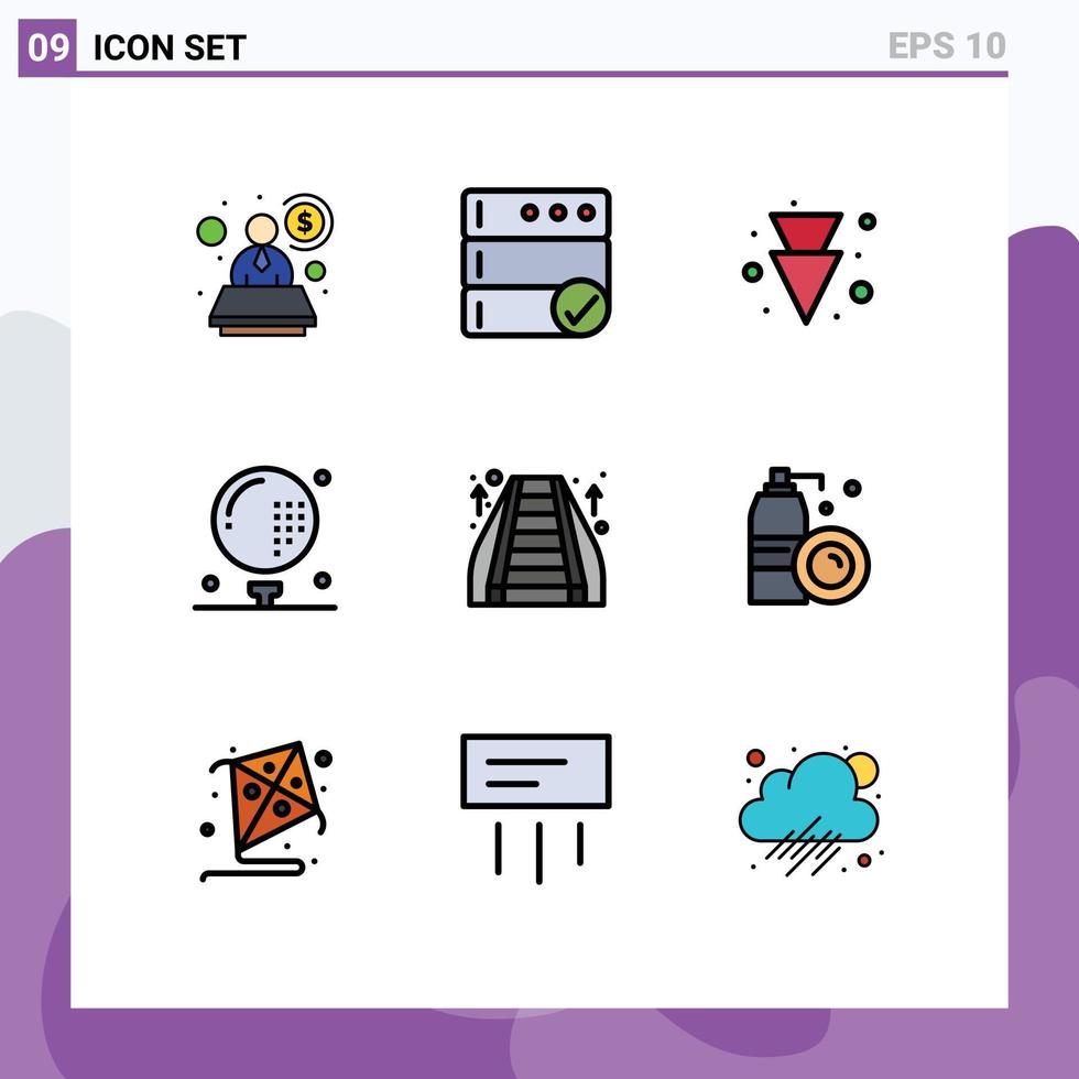 Pack of 9 Modern Filledline Flat Colors Signs and Symbols for Web Print Media such as mall mall full escalator game Editable Vector Design Elements