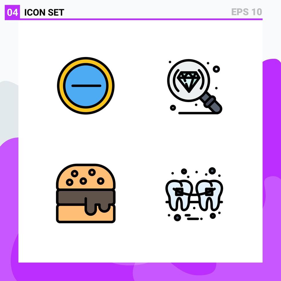 4 Universal Filledline Flat Color Signs Symbols of interface filling diamond fast food tooth Editable Vector Design Elements