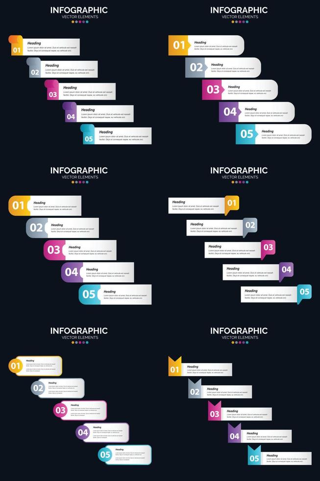 plantilla de diapositiva de presentación del paquete de infografías vectoriales 6 diagramas de ciclo de 5 pasos y líneas de tiempo vector