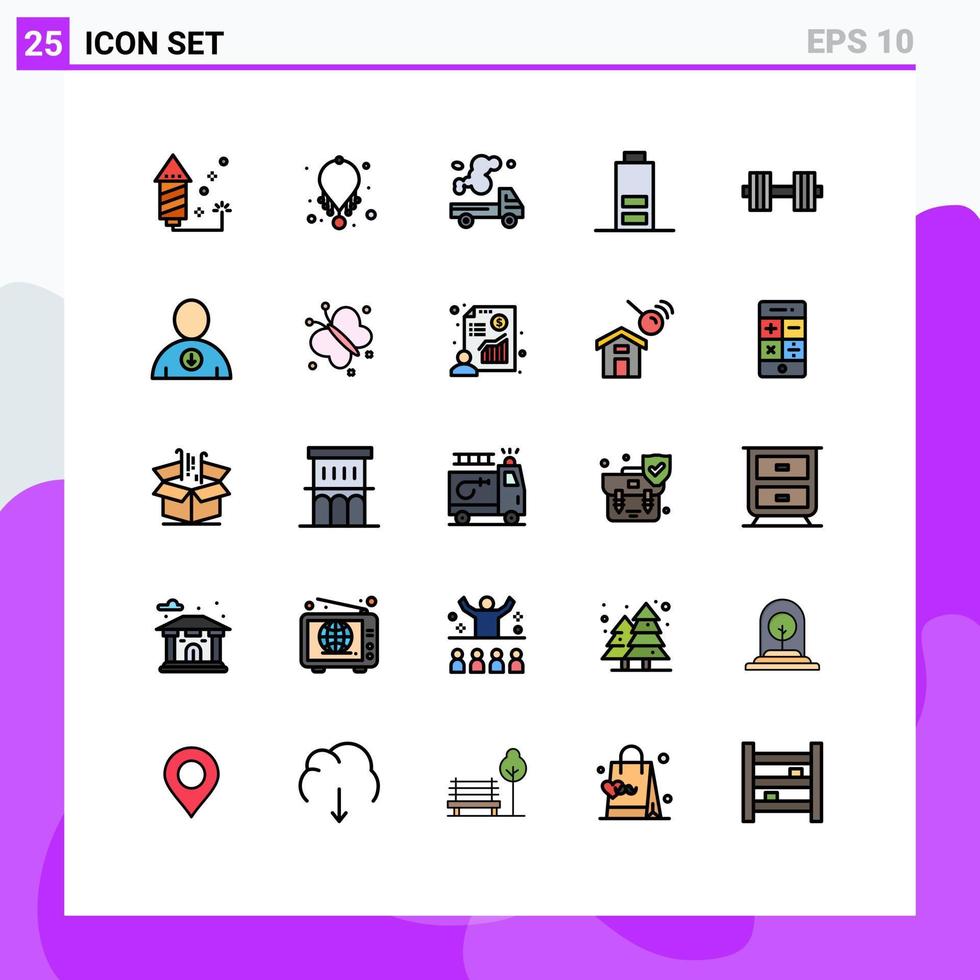 Set of 25 Vector Filled line Flat Colors on Grid for dumbbells multimedia automobile half pollution Editable Vector Design Elements