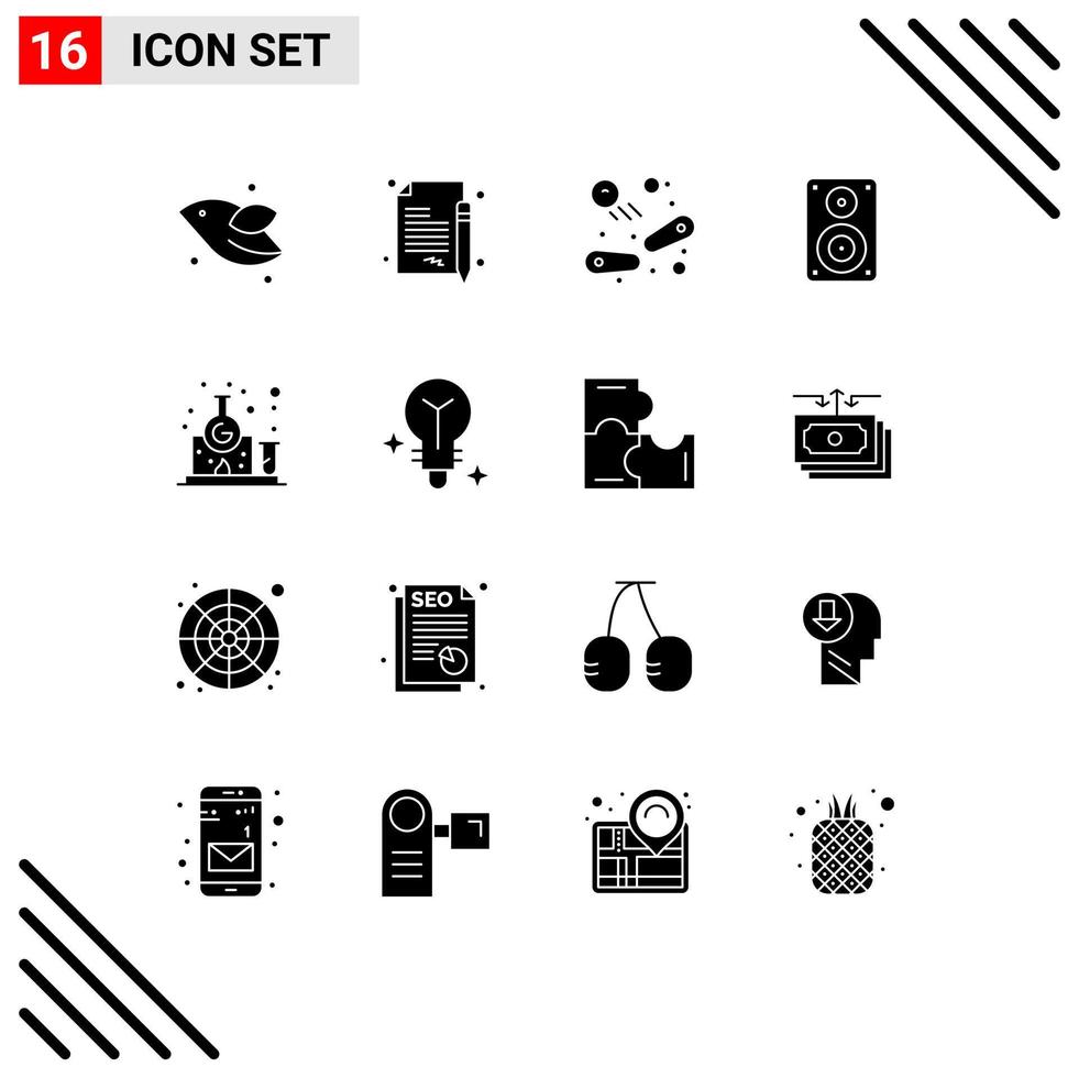 Group of 16 Modern Solid Glyphs Set for chemistry monitor pinball loudspeaker audio Editable Vector Design Elements