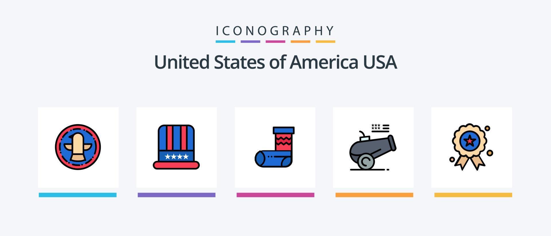 La línea de EE. UU. llenó el paquete de 5 íconos, incluido el escudo. americano. bola. bota. EE.UU. diseño de iconos creativos vector