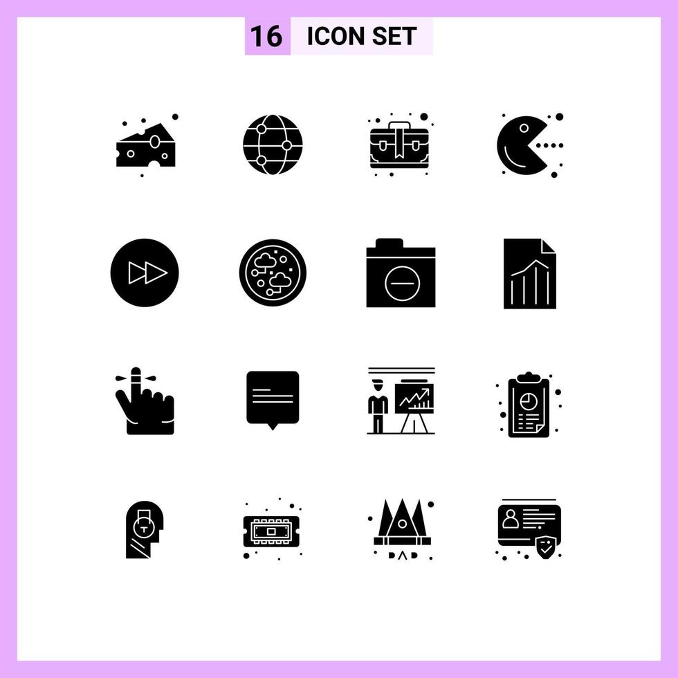Solid Glyph Pack of 16 Universal Symbols of next circle brief play fun Editable Vector Design Elements