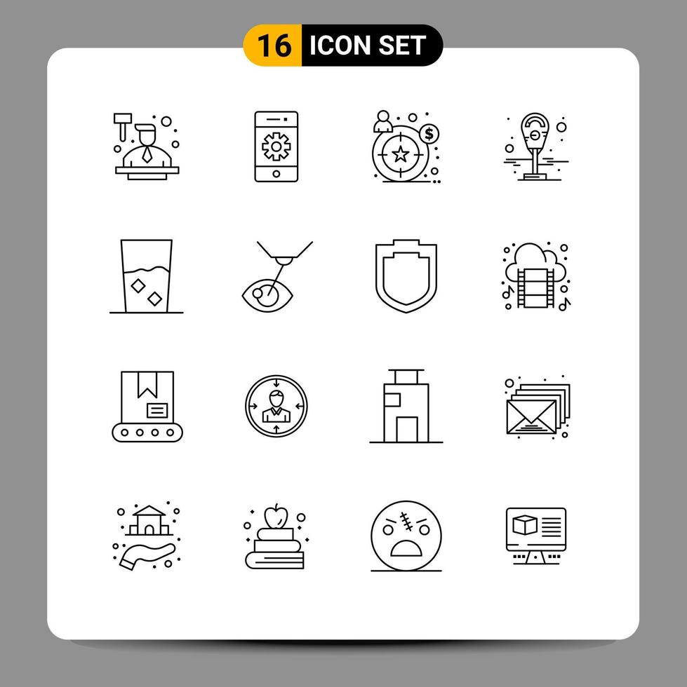 Group of 16 Modern Outlines Set for food and smartphone parking machine Editable Vector Design Elements