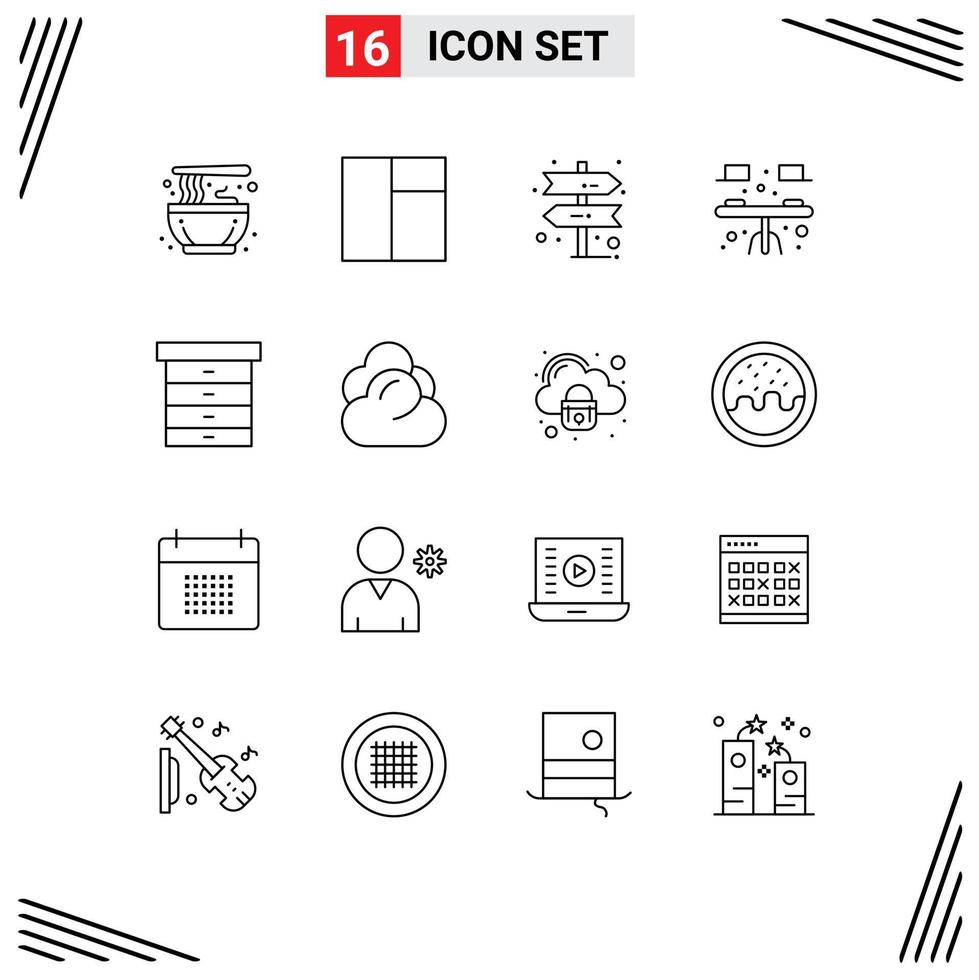 Modern Set of 16 Outlines and symbols such as cloud furniture direction drawer table Editable Vector Design Elements