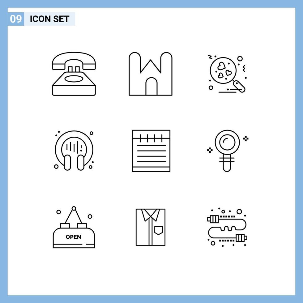 Mobile Interface Outline Set of 9 Pictograms of notebook headphone fortress conversation search Editable Vector Design Elements