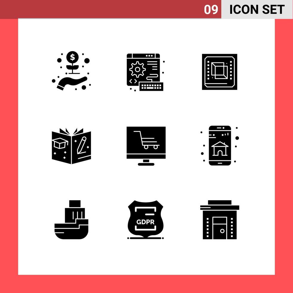 Pack of 9 Modern Solid Glyphs Signs and Symbols for Web Print Media such as product book chip graduate processor Editable Vector Design Elements