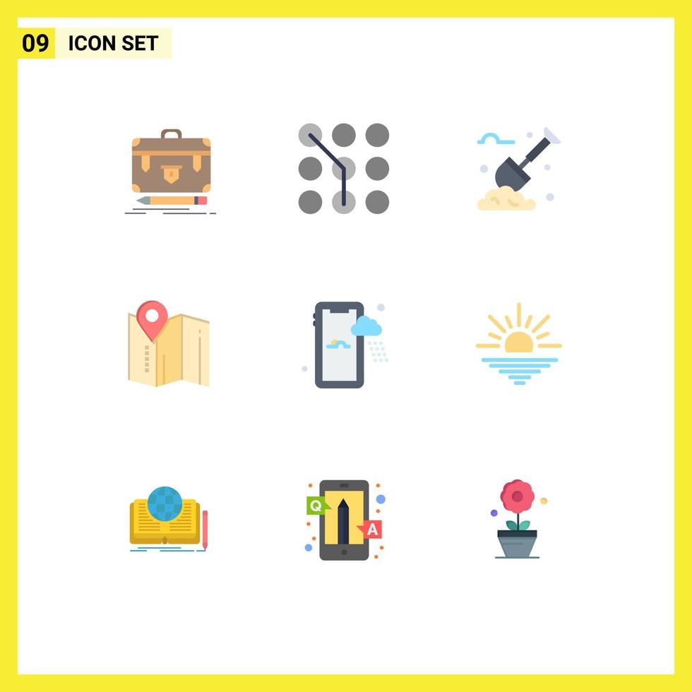 Mobile Interface Flat Color Set of 9 Pictograms of hotel map password location labour Editable Vector Design Elements