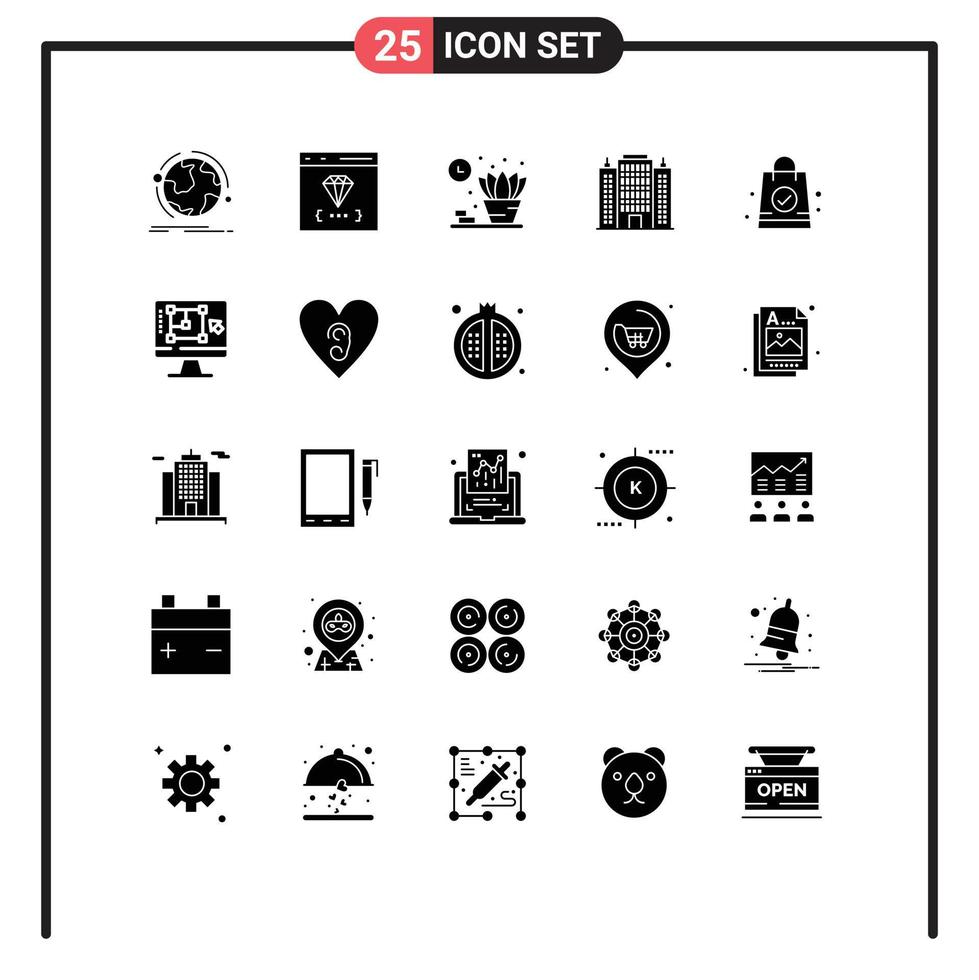 Mobile Interface Solid Glyph Set of 25 Pictograms of hand bag building develop architecture shelf Editable Vector Design Elements