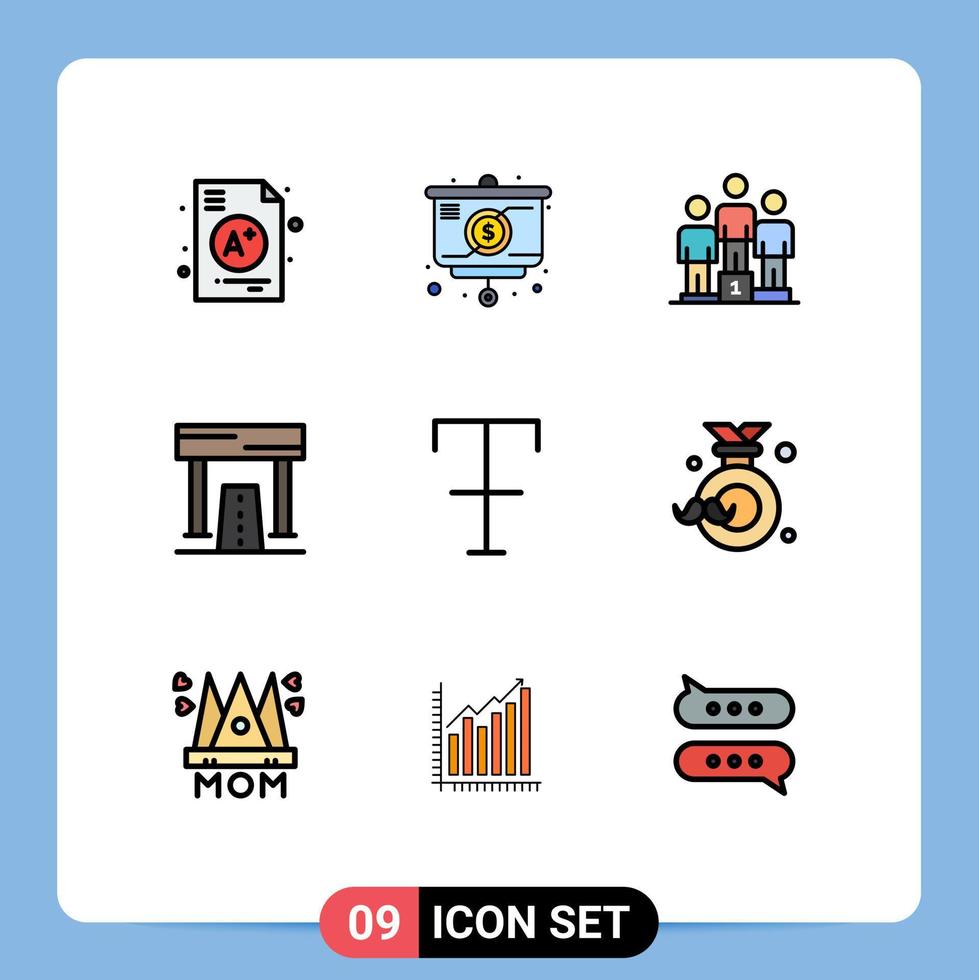 Pack of 9 Modern Filledline Flat Colors Signs and Symbols for Web Print Media such as font game winners finish activities Editable Vector Design Elements