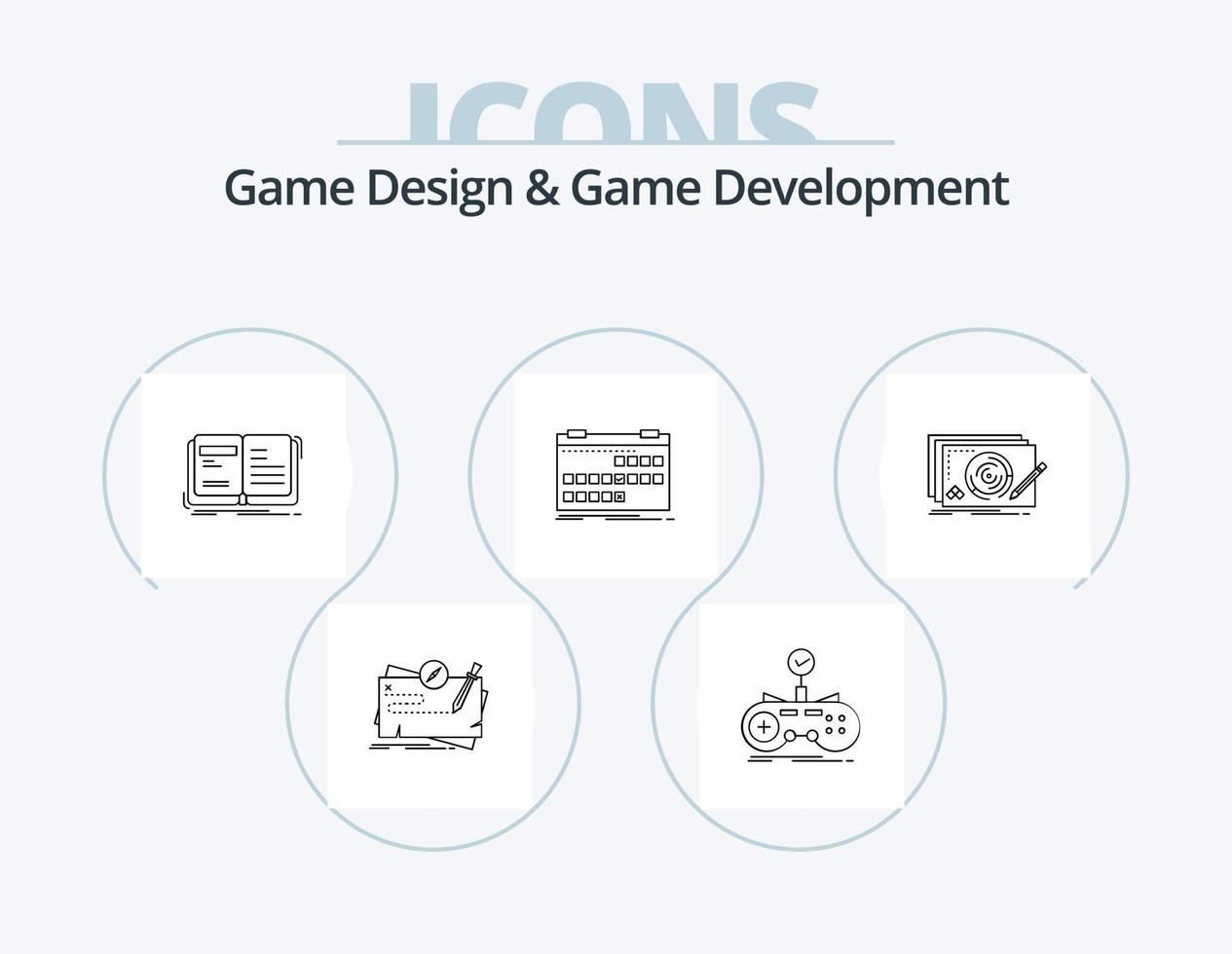 Game Design And Game Development Line Icon Pack 5 Icon Design. open. author. quest. tools. develop vector