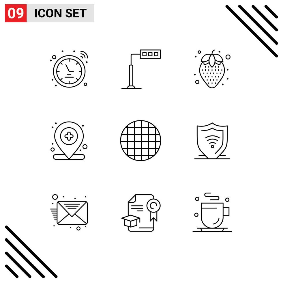 Pack of 9 Modern Outlines Signs and Symbols for Web Print Media such as waffle food diet food medical location Editable Vector Design Elements