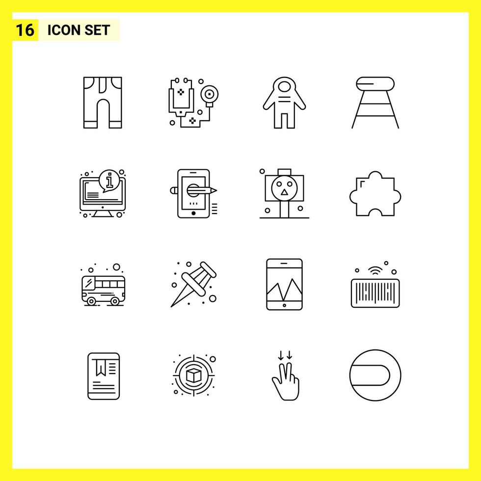Group of 16 Modern Outlines Set for faq seat astronaut food coffee Editable Vector Design Elements