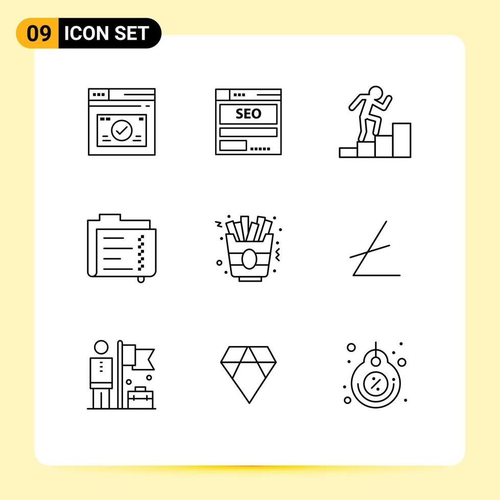 Pack of 9 Modern Outlines Signs and Symbols for Web Print Media such as folder document seo data growth Editable Vector Design Elements