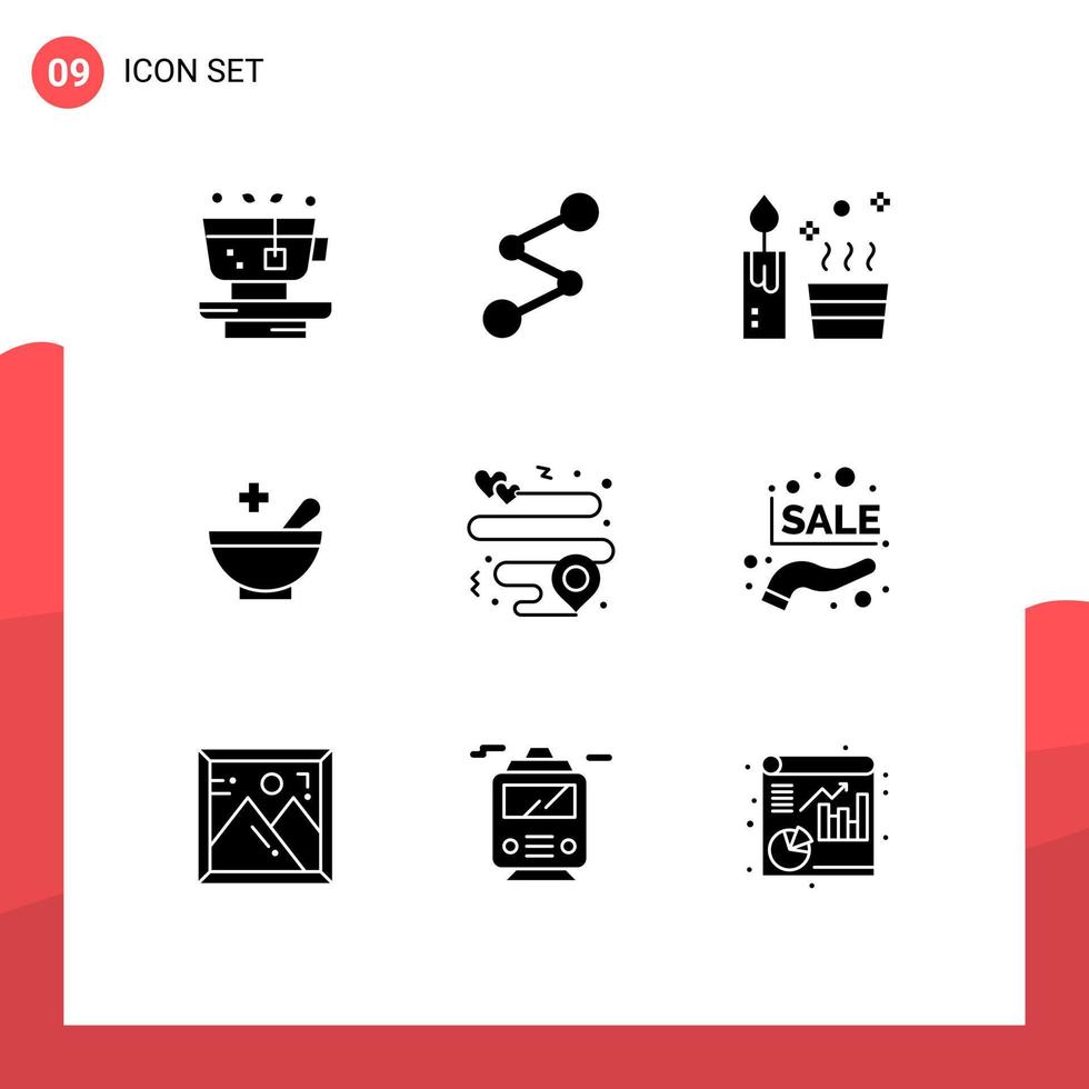 Group of 9 Modern Solid Glyphs Set for pin heart candle bowl medical Editable Vector Design Elements