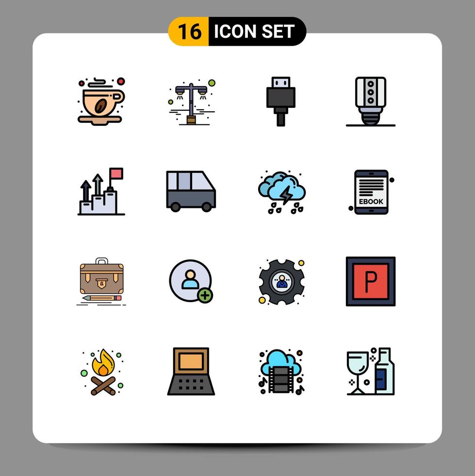 Modern Set of 16 Flat Color Filled Lines and symbols such as growth achievement devices light lamp Editable Creative Vector Design Elements