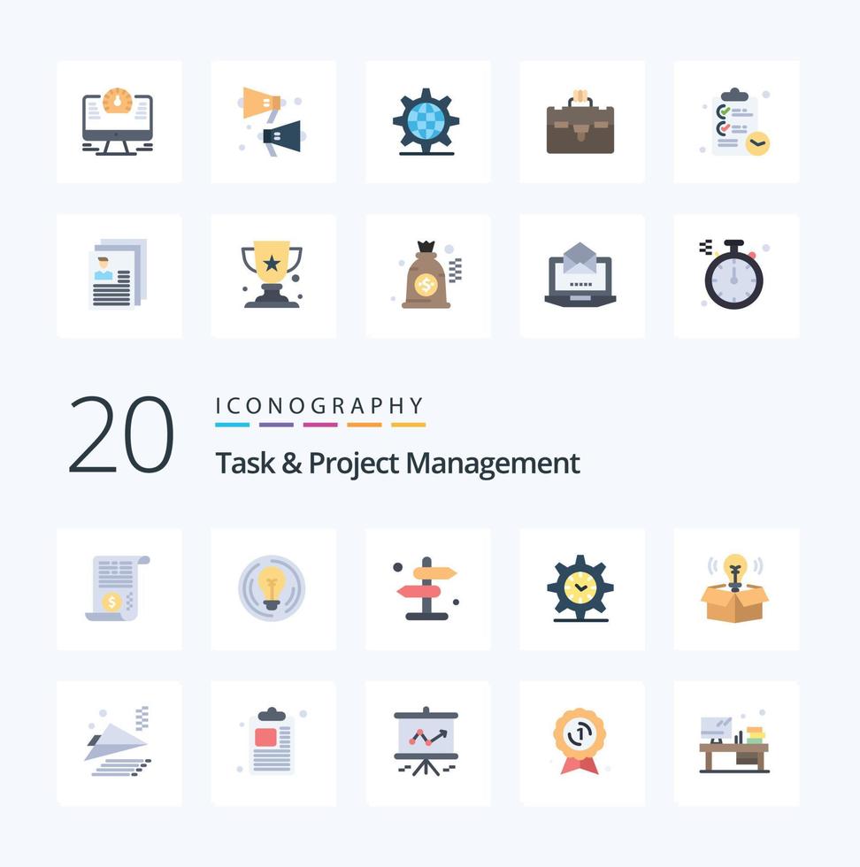 20 Task And Project Management Flat Color icon Pack like box time idea setting road vector
