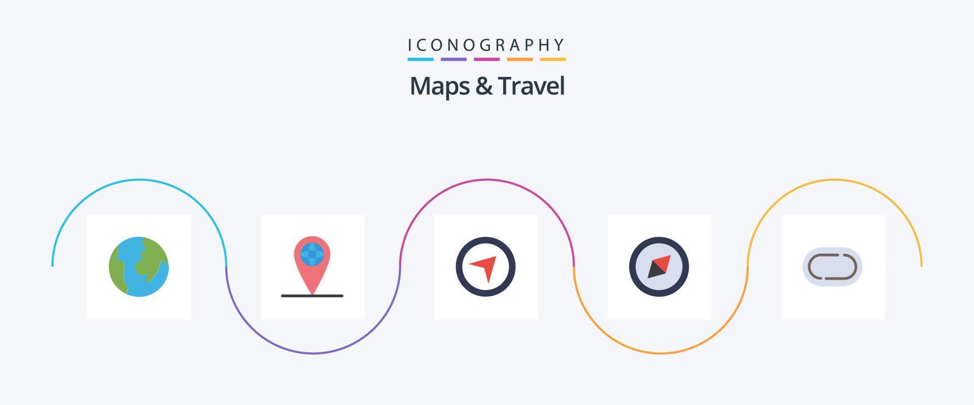 Mapas y paquete de iconos de 5 planos de viaje que incluye. Brújula. vector