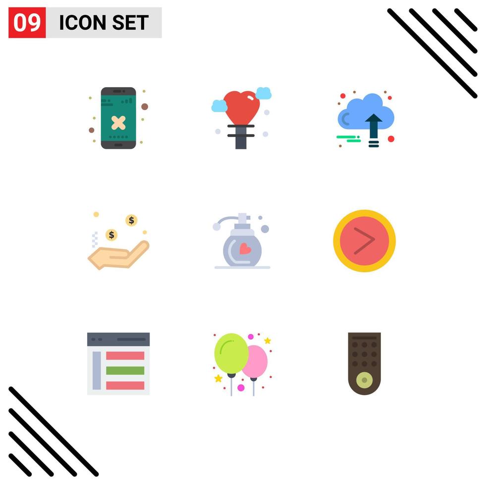 conjunto de 9 iconos de interfaz de usuario modernos símbolos signos para fragancia mano negocio dólar caridad elementos de diseño vectorial editables vector