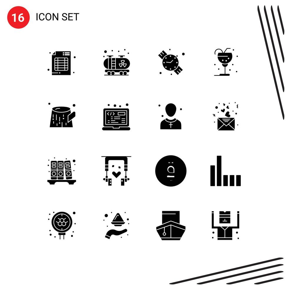 Modern Set of 16 Solid Glyphs and symbols such as waste pollution watch straw glass Editable Vector Design Elements