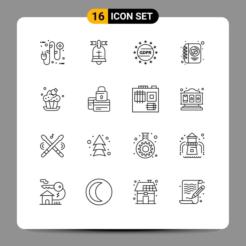 Set of 16 Modern UI Icons Symbols Signs for cake writing gdpr love diary Editable Vector Design Elements