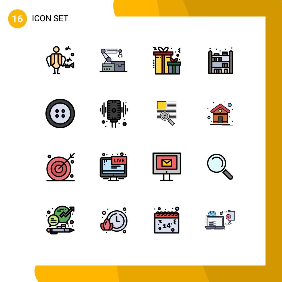 Universal Icon Symbols Group of 16 Modern Flat Color Filled Lines of mic microphone present clothing bookshelf Editable Creative Vector Design Elements