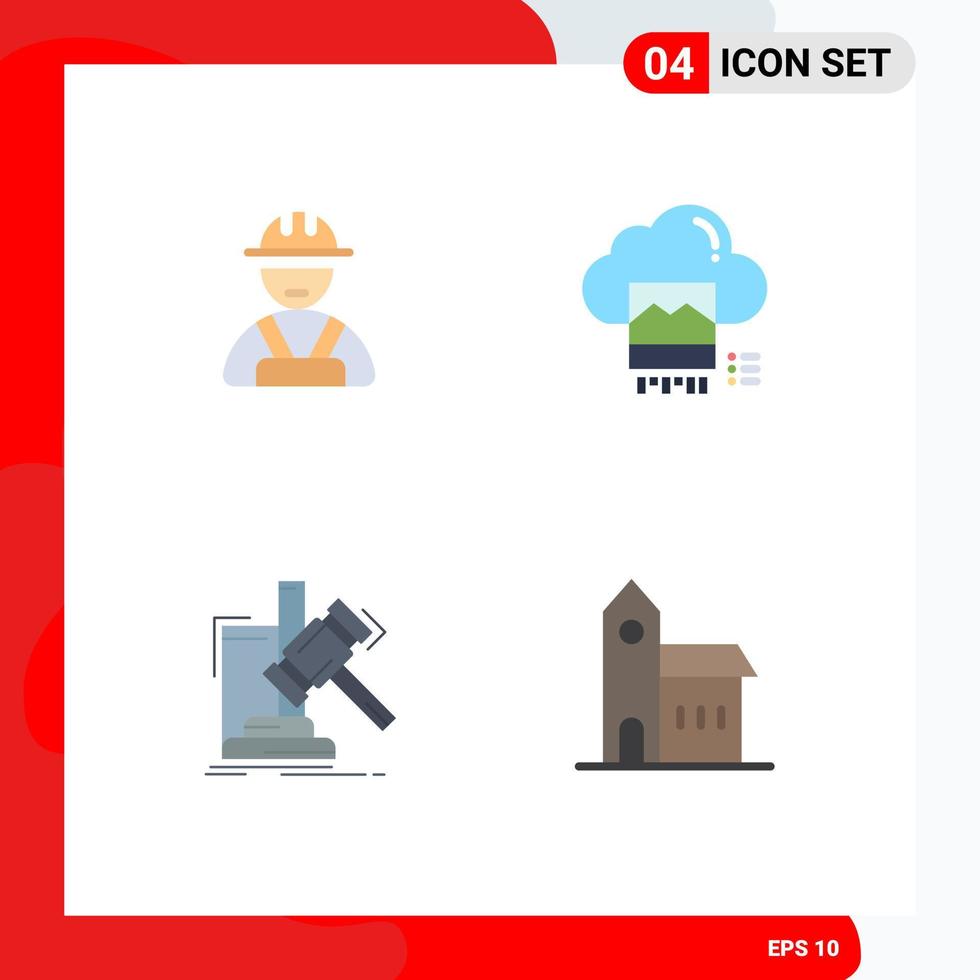 Set of 4 Vector Flat Icons on Grid for builder gavel photo cloud judgement Editable Vector Design Elements