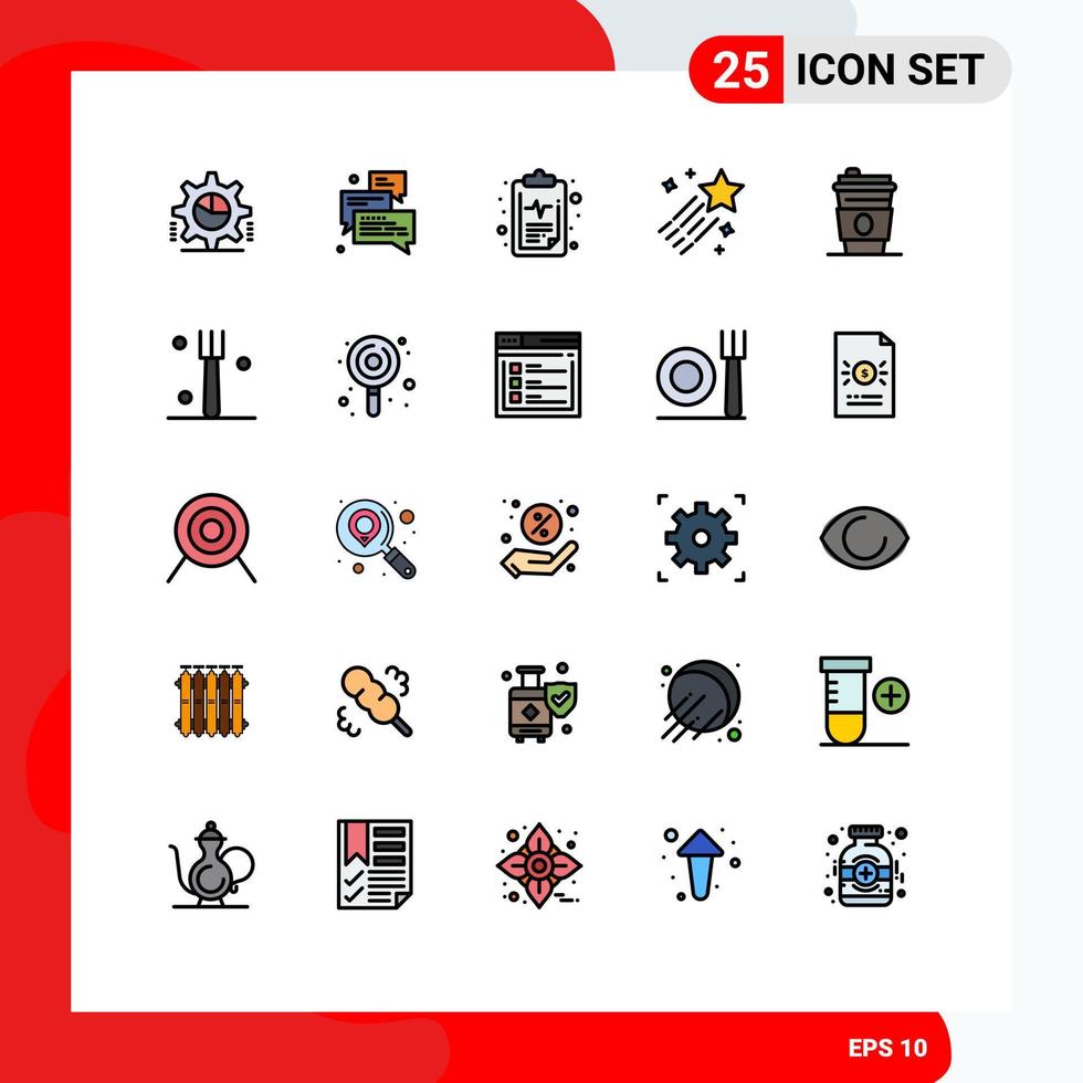 Set of 25 Vector Filled line Flat Colors on Grid for star comet support asteroid medical Editable Vector Design Elements