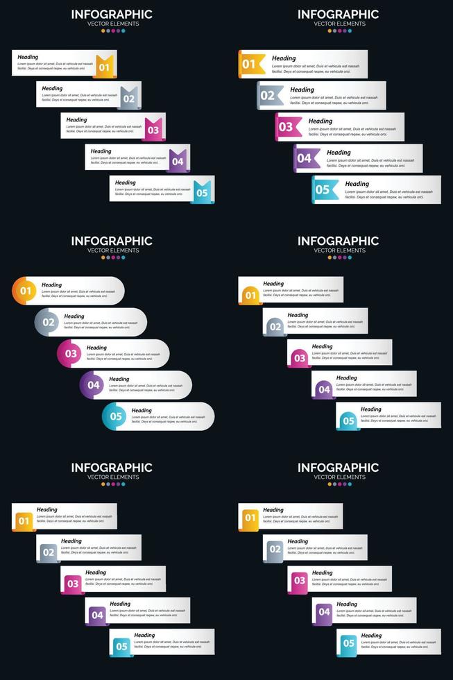 plantilla de diapositiva de presentación del paquete de infografías vectoriales 6 diagramas de ciclo de 5 pasos y líneas de tiempo vector