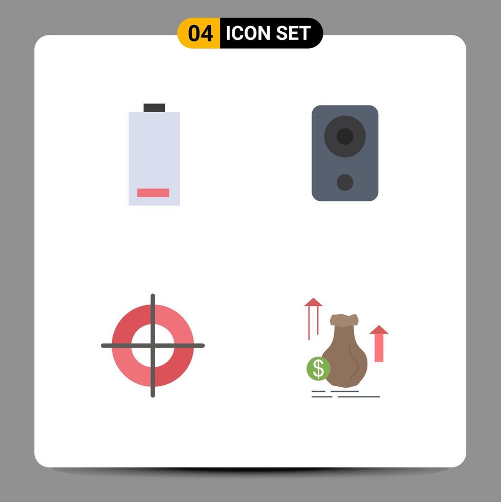símbolos de iconos universales grupo de 4 iconos planos modernos de dispositivos de energía de altavoces de batería pistola elementos de diseño vectorial editables vector