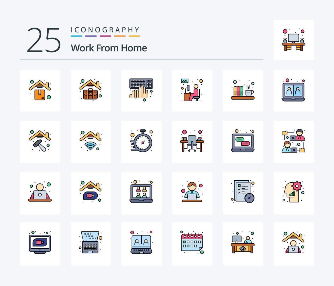 Work From Home 25 Line Filled icon pack including working. user. coding. home work. working vector