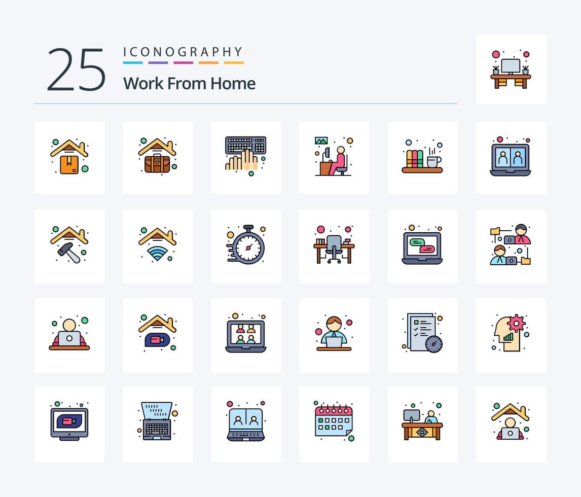 trabajar desde casa paquete de iconos llenos de 25 líneas, incluido el trabajo. usuario. codificación. tareas para el hogar. laboral vector
