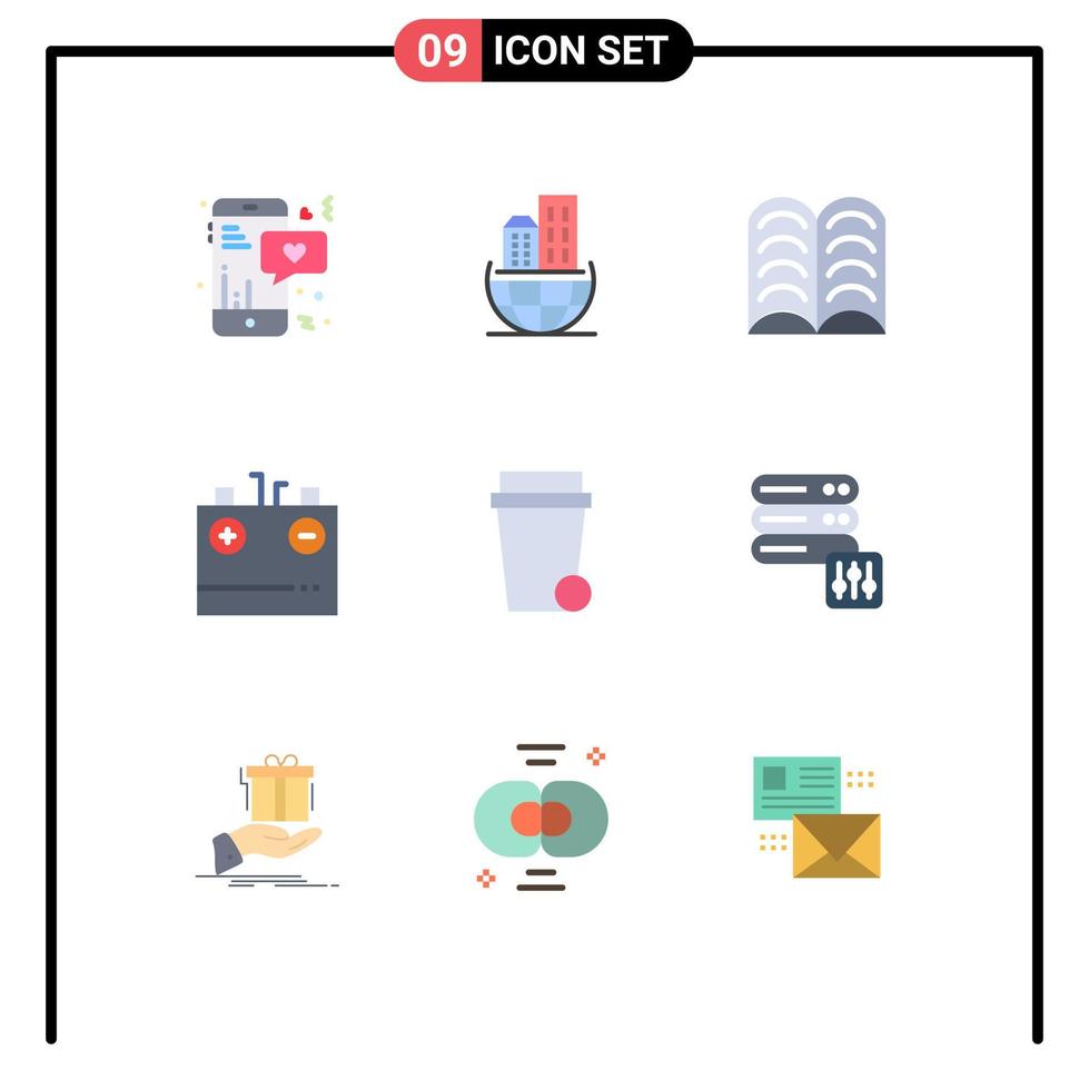 Mobile Interface Flat Color Set of 9 Pictograms of soup energy book electricity charge Editable Vector Design Elements