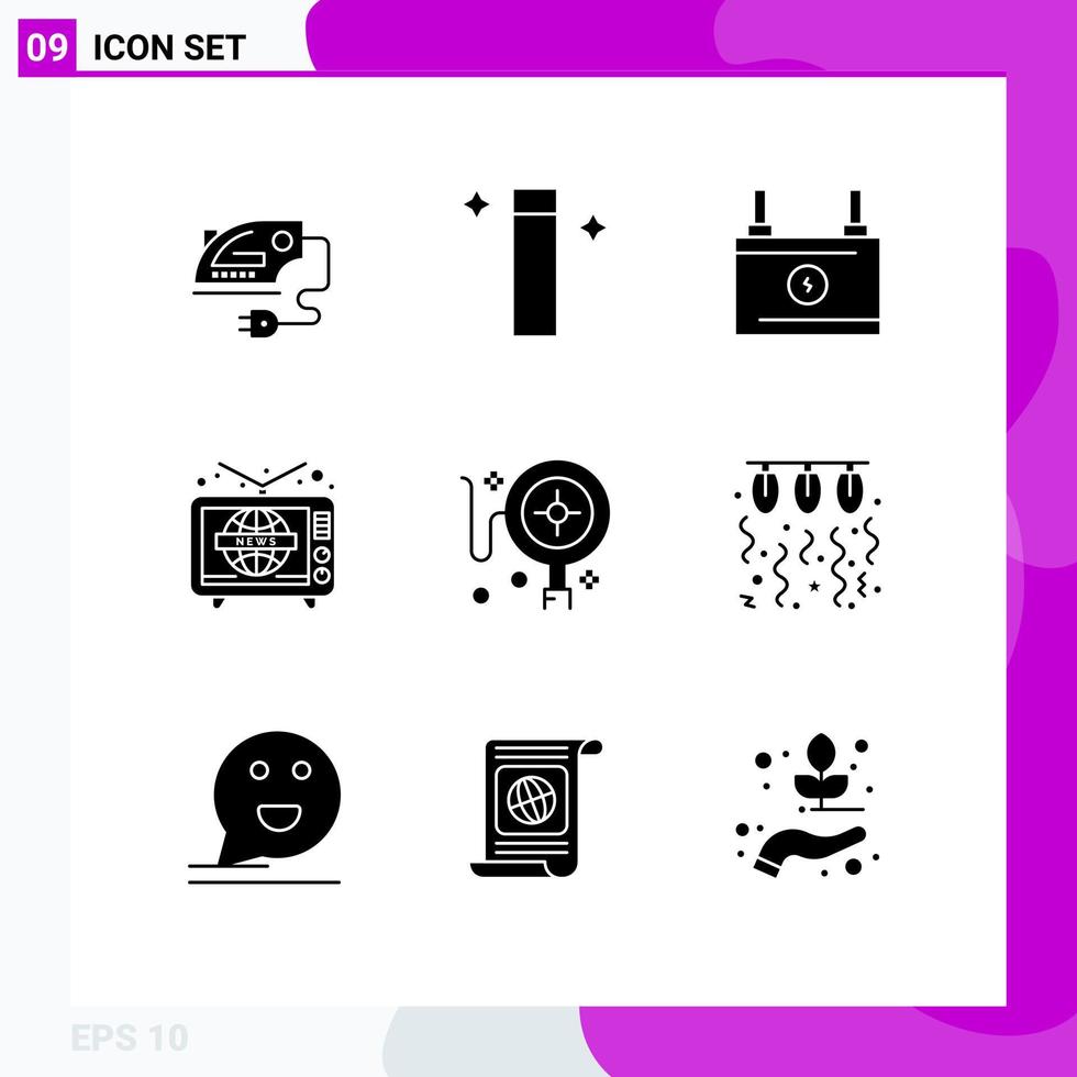 Modern Set of 9 Solid Glyphs and symbols such as online tracking battery world wide television Editable Vector Design Elements