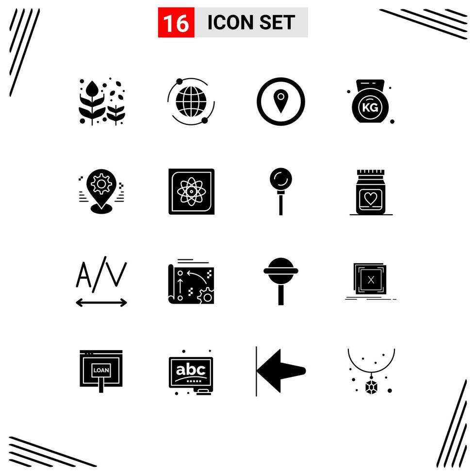 Group of 16 Modern Solid Glyphs Set for map gear gps gym dumbbell Editable Vector Design Elements