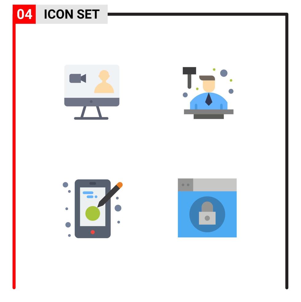 conjunto moderno de 4 iconos planos pictograma de computadora de diseño de trabajo golpeando elementos de diseño de vector editable móvil