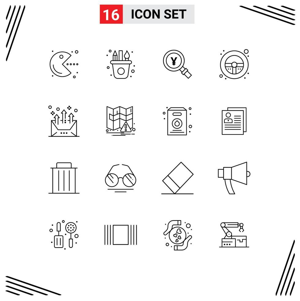 Set of 16 Modern UI Icons Symbols Signs for address steering wheel yen steering find Editable Vector Design Elements