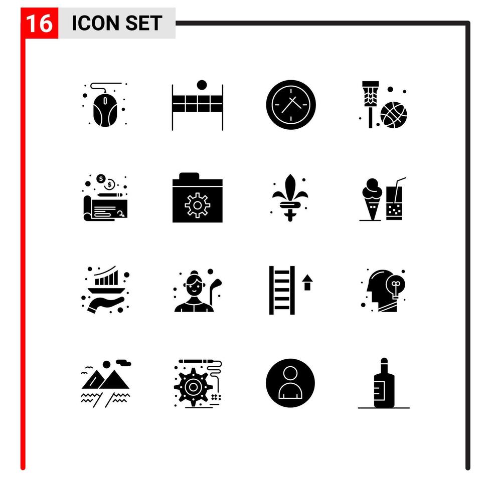 Solid Glyph Pack of 16 Universal Symbols of control money clock cheaque net Editable Vector Design Elements